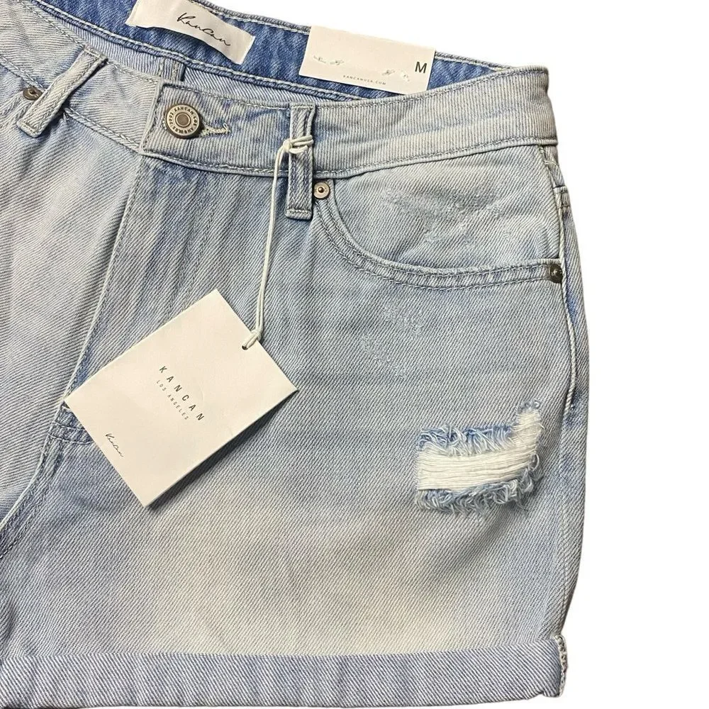 KanCan Wm’s Sz Med Blue Light Wash Distressed High Rise Rolled Cuff Denim Shorts
